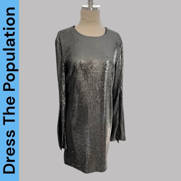 DRESS THE POPULATION SILVER SHINEY SEQUIN PARTY DRESS NEW TAGS Large - Picture 2 of 13